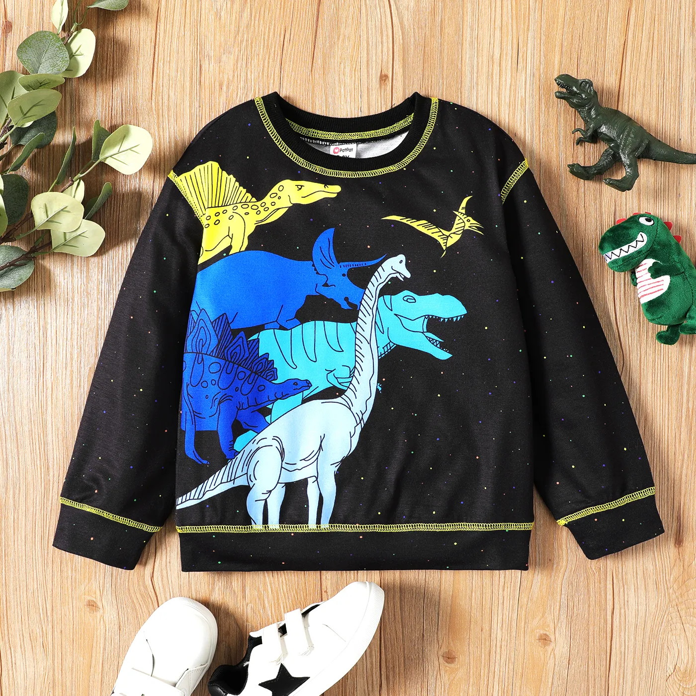 Kid Boy Colorful Dinosaur Print Pullover Sweatshirt Black big image 1