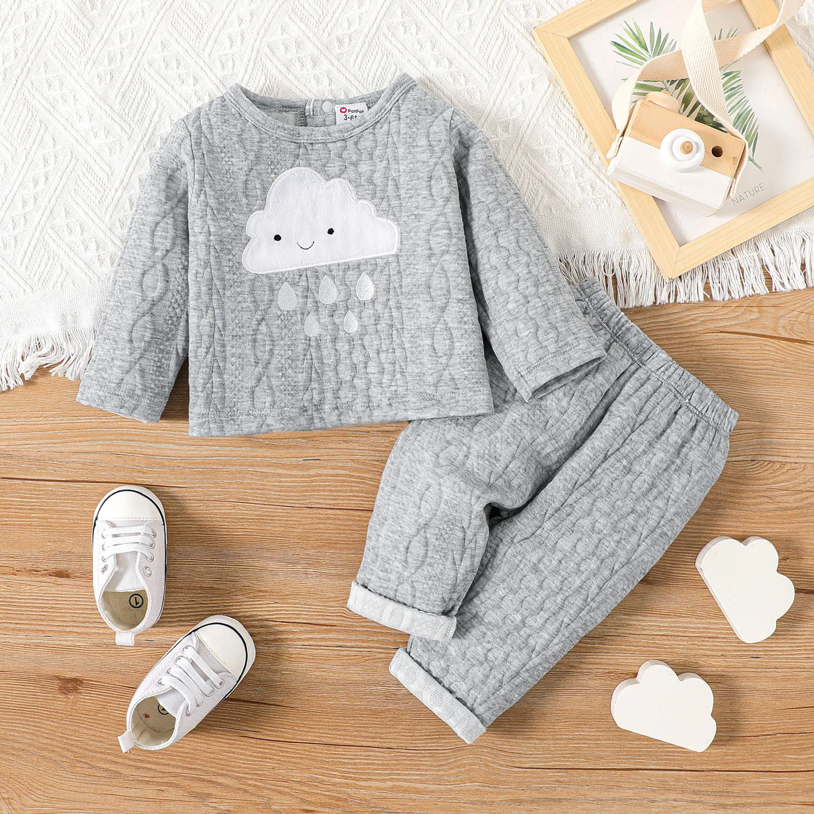 2pcs Baby Boy Cloud Embroidered Grey Imitation Knitting Long-sleeve Set Grey big image 1