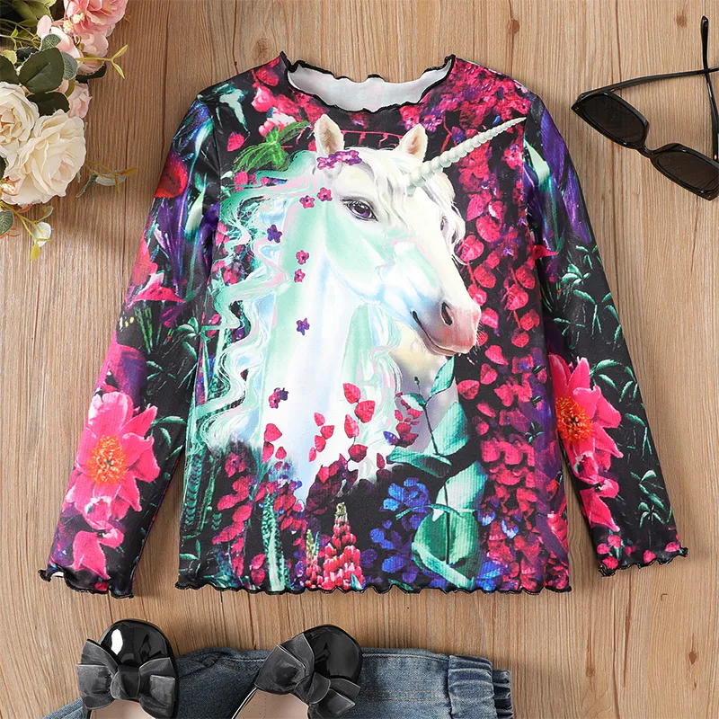 Kid Girl Floral Unicorn Print Lettuce Trim Long-sleeve Tee