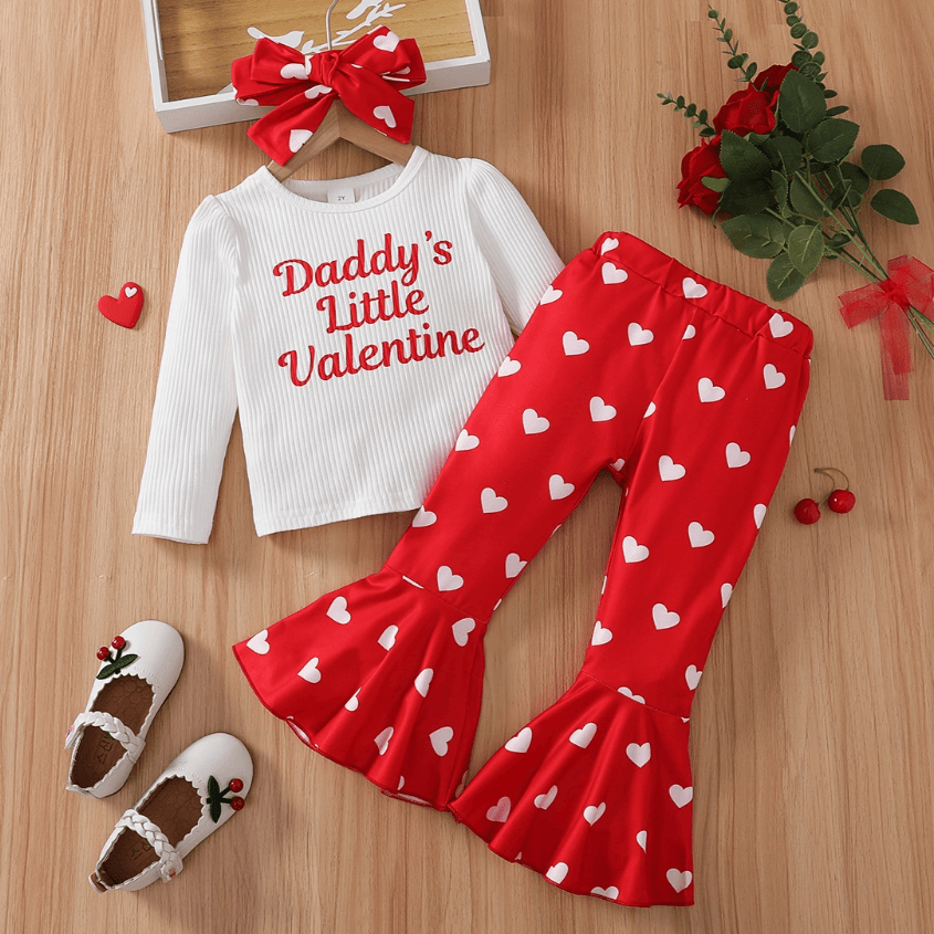 

3pcs Toddler Girl Valentine's Day Letter Print Tee & Heart Print Flared Pants and Headband Set