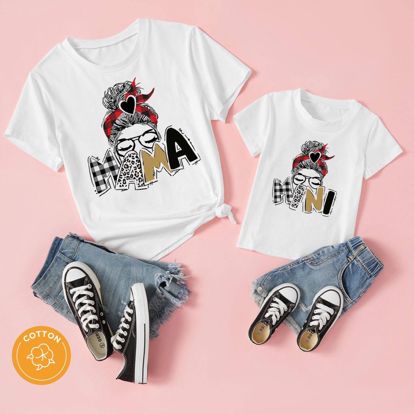 

Mommy and Me Cotton Short-sleeve Figure & Letter Print White Tee