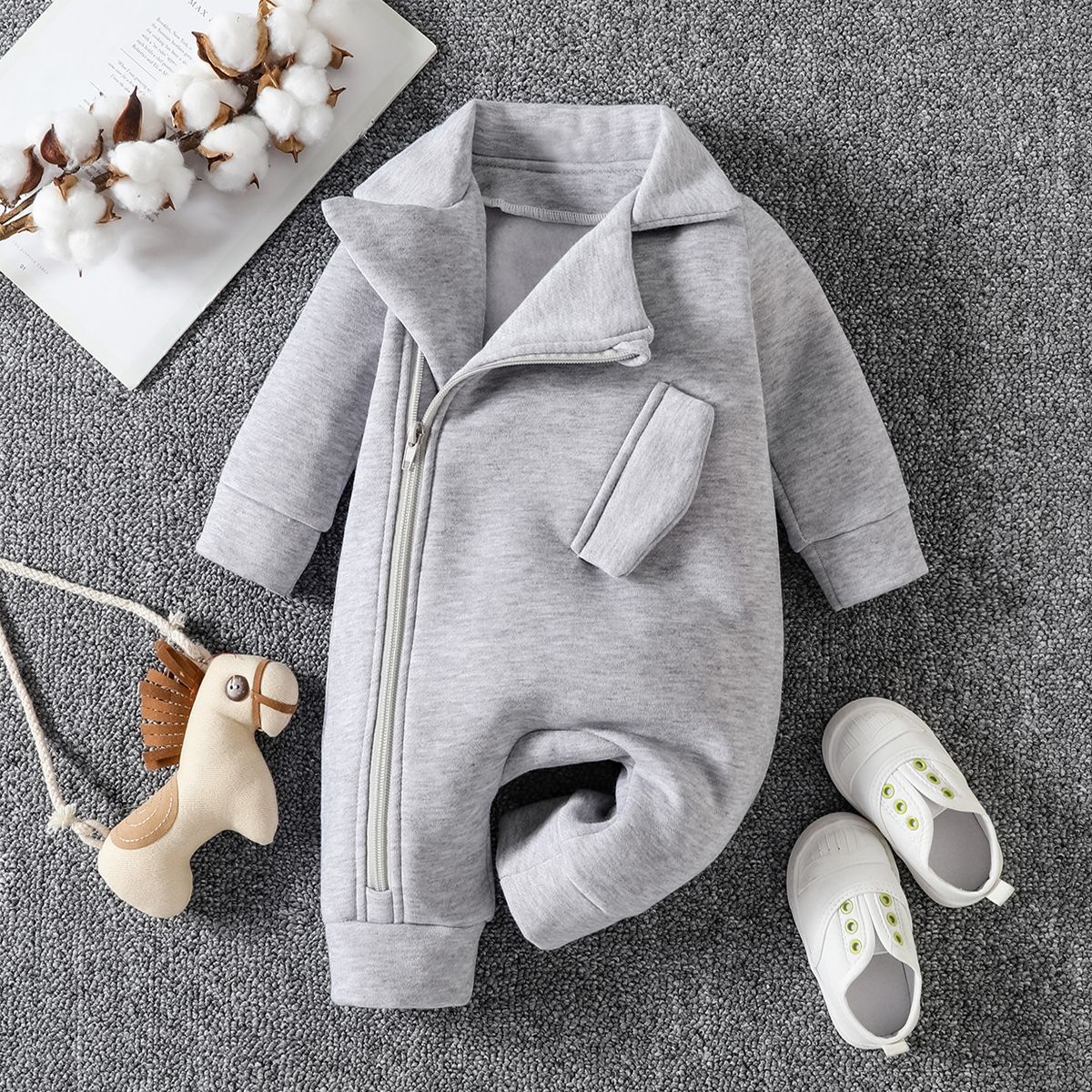 

Baby Boy/Girl Fleece Lined Grey Lapel Collar Long-sleeve Zipper Jumpsuit