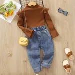 2pcs Toddler Girl Sweet Denim Jeans and Turtleneck Ruffled Bell sleeves Tee set Brown