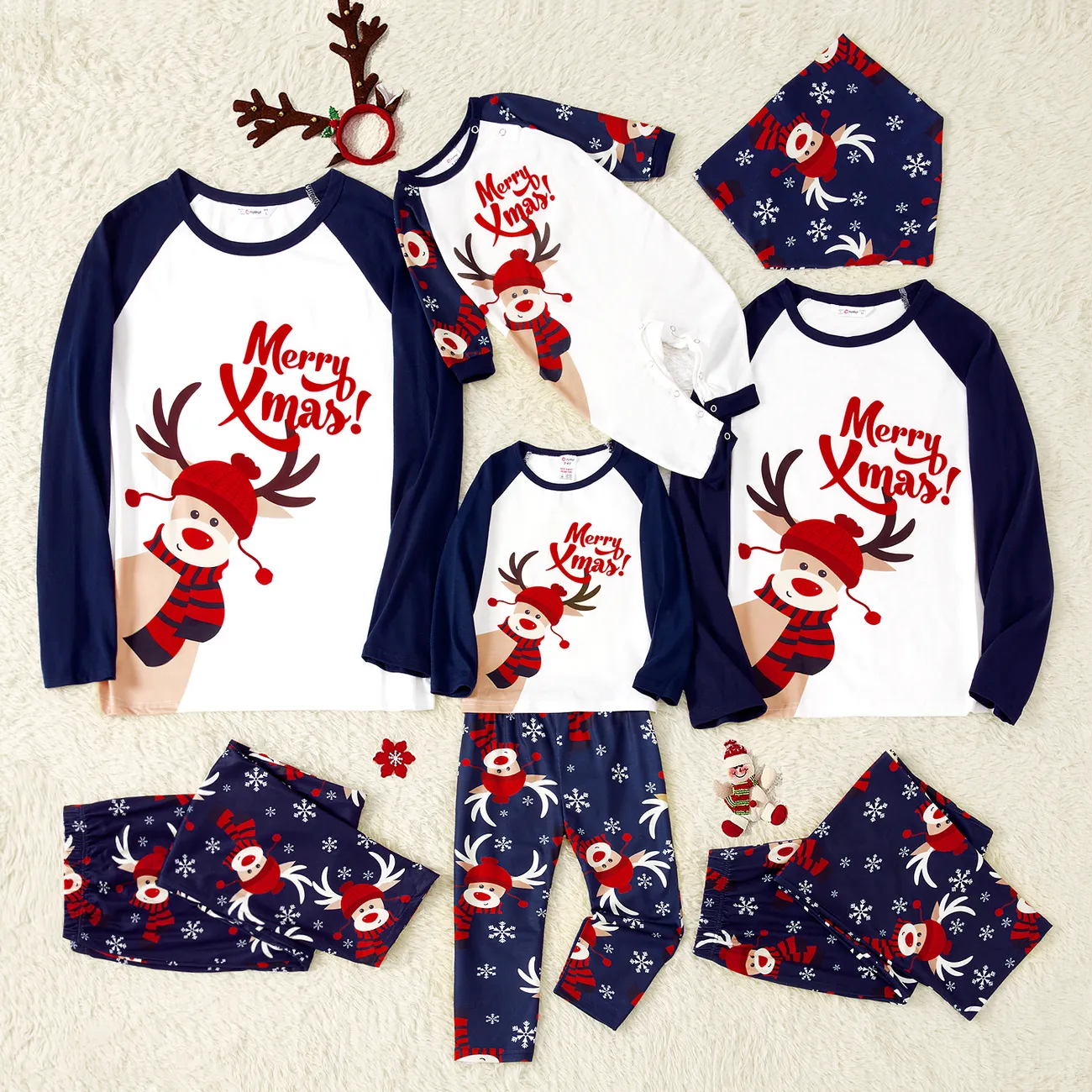 Navidad Looks familiares Manga larga Conjuntos combinados para familia Pijamas (Flame Resistant) Azul Oscuro / Blanco / Rojo big image 1