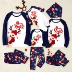 Merry Xmas Letters and Reindeer Print Navy Family Matching Long-sleeve Pajamas Sets (Flame Resistant) Dark blue/White/Red image 2