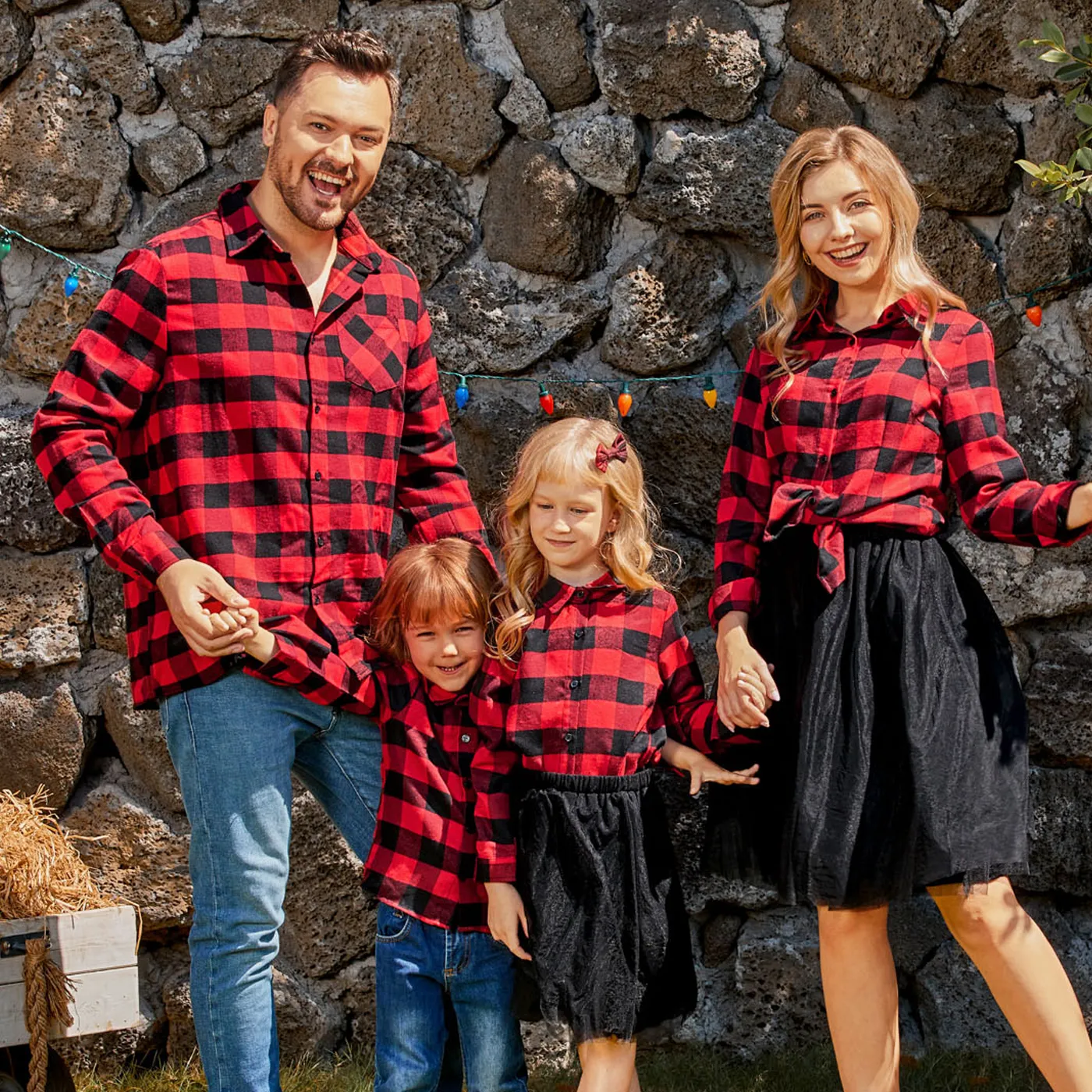 Christmas Family Matching Red Plaid Long-sleeve Button Up Shirts And Mesh Skirts Sets