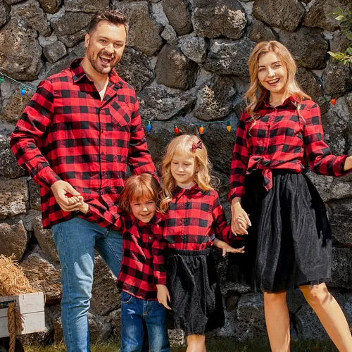 Christmas Family Matching Red Plaid Long-sleeve Button Up Shirts and Mesh Skirts Sets