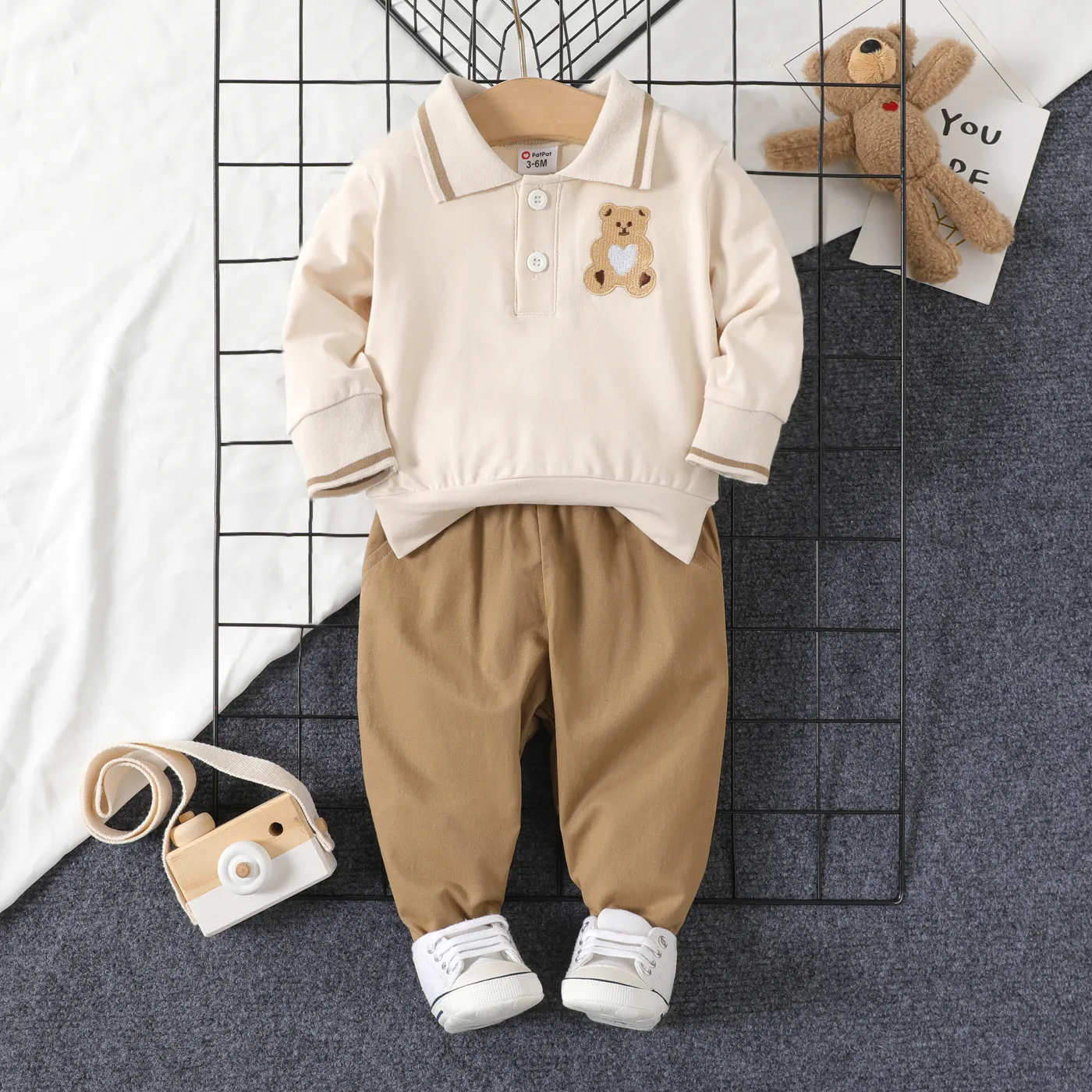 

2pcs Baby Boy 100% Cotton Casual Pants and Bear Embroidered Polo Neck Long-sleeve Top Set