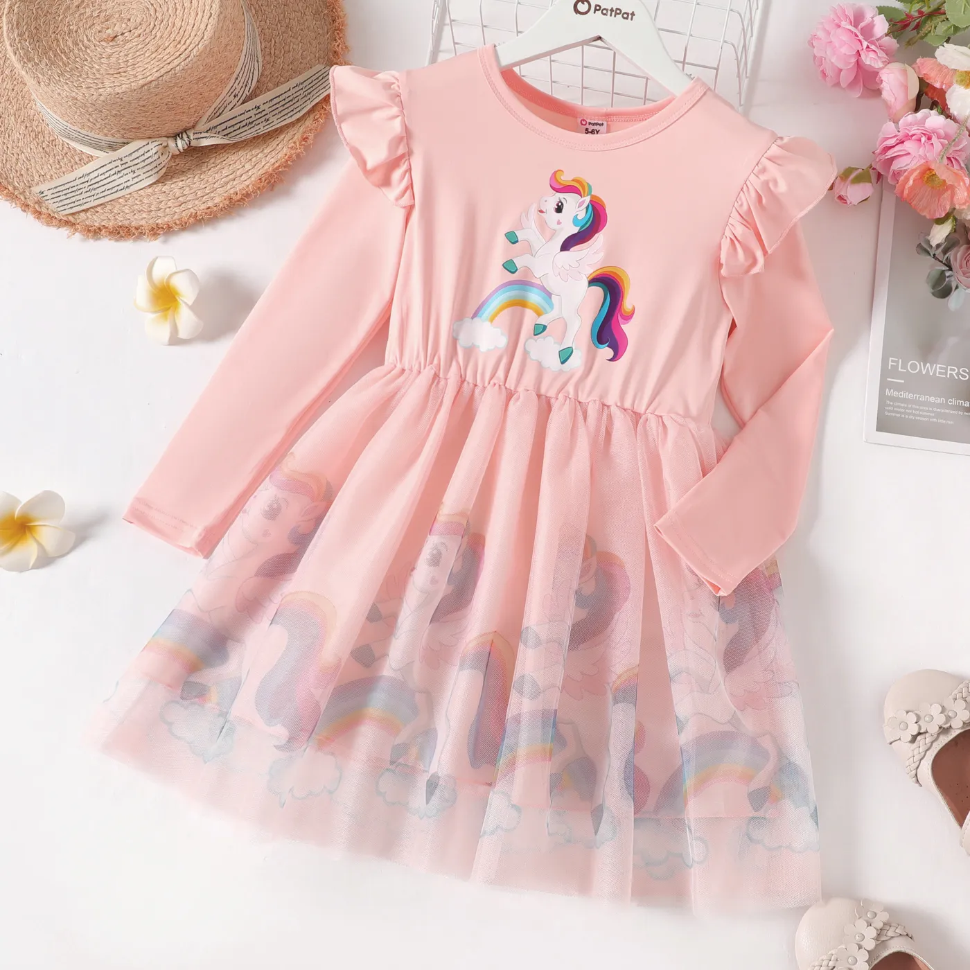 

Kid Girl Unicorn Print Mesh Splice Long-sleeve Pink Dress