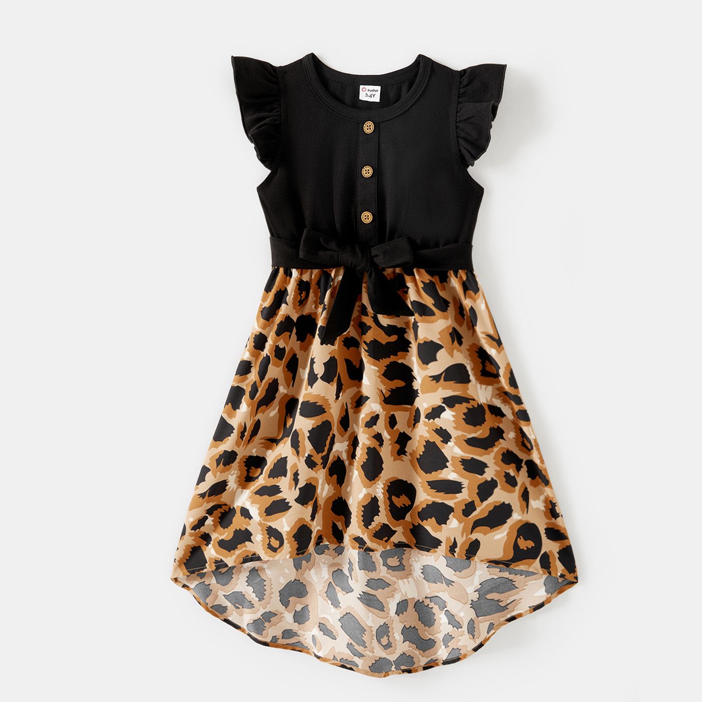 Family Matching Cotton Black Short-sleeve T-shirts And Leopard Print High Low Hem Flutter-sleeve Dresses Sets