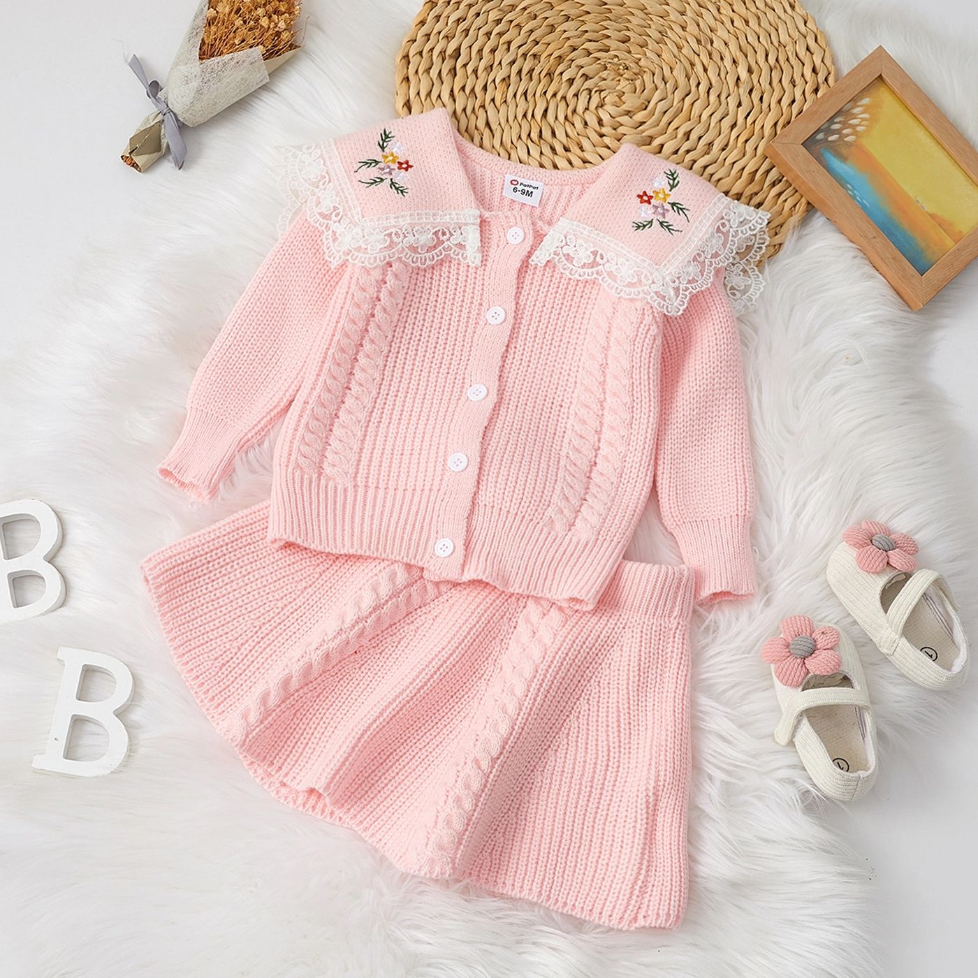 

2pcs Baby Girl Floral Embroidered Lace Trim Pink Knitted Cardigan Sweater and Skirt Set
