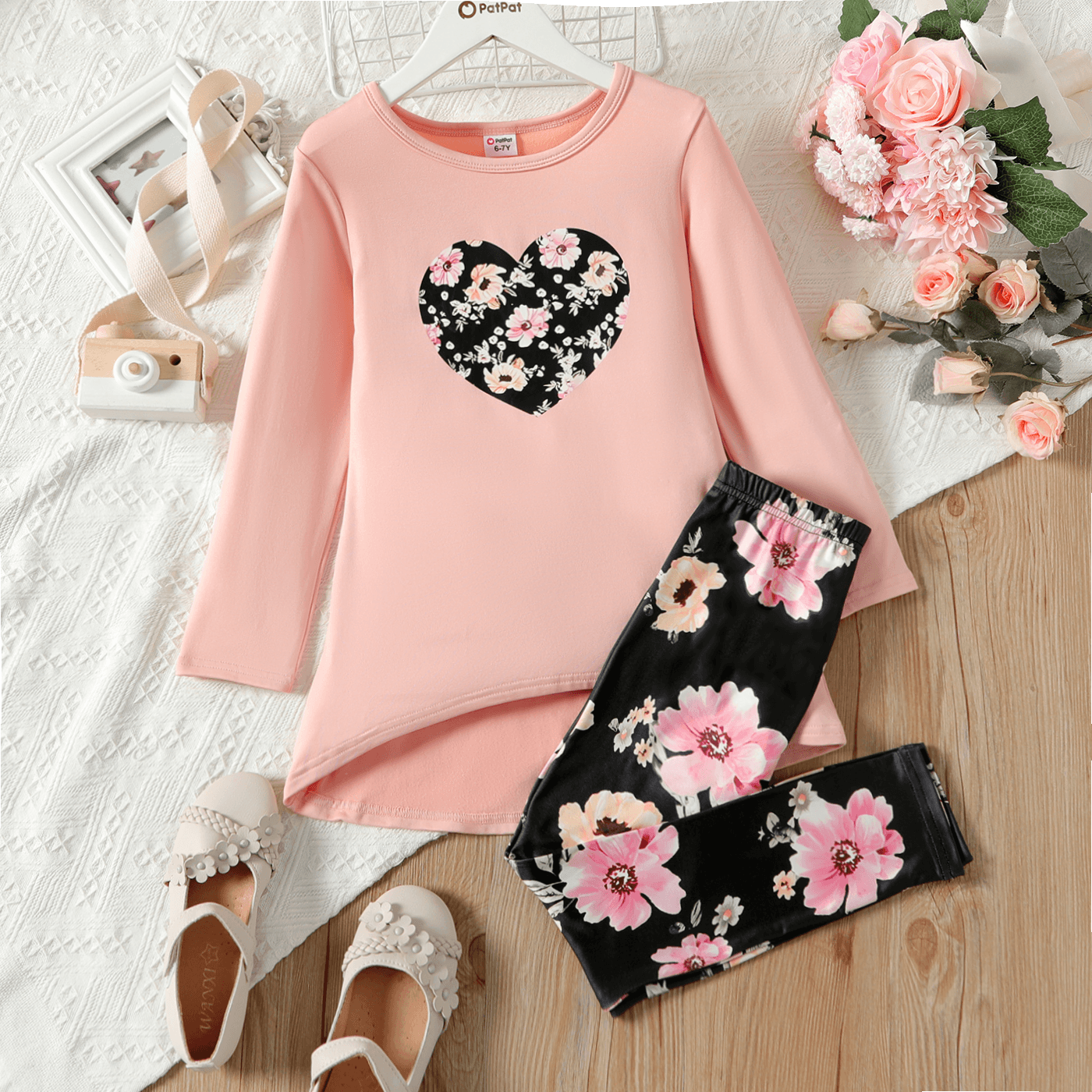 

2pcs Kid Girl Heart Print Pink High Low Tee and Floral Print Leggings Set