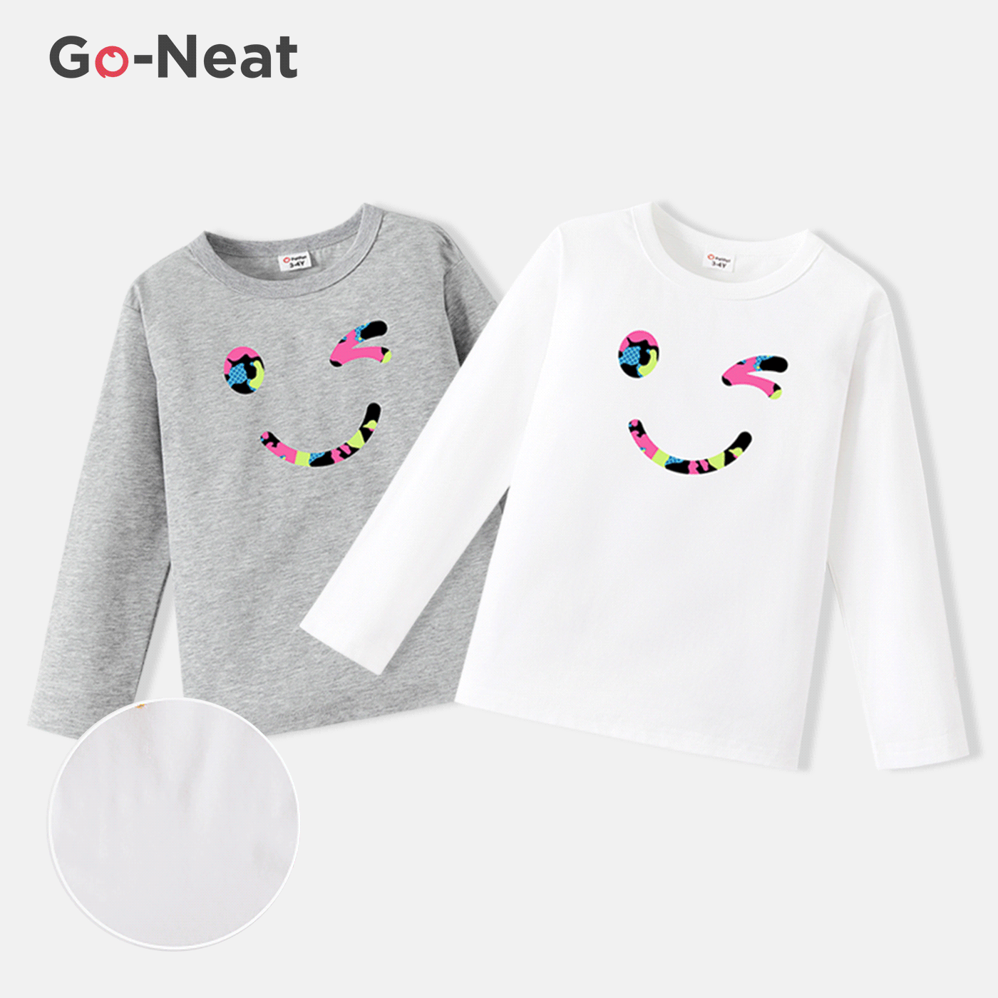 [2Y-6Y] Go-Neat Water Repellent and Stain Resistant Toddler Girl/Boy Face Graphic Print Long-sleeve Tee White big image 3