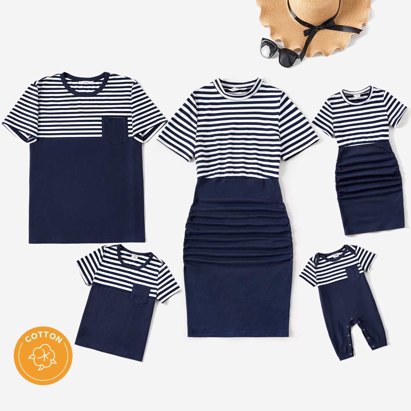 

Family Matching 95% Cotton Short-sleeve Striped Spliced Ruched Bodycon Dresses and T-shirts Sets