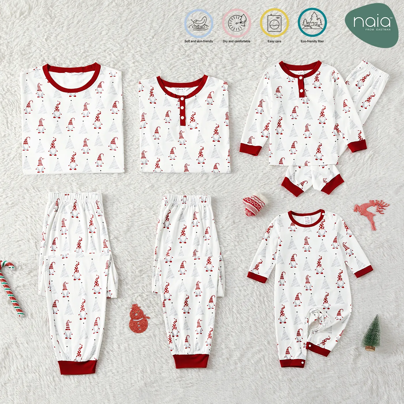 

Christmas Family Matching Allover Xmas Tree & Dwarf Print White Long-sleeve Naia Pajamas Sets (Flame Resistant)