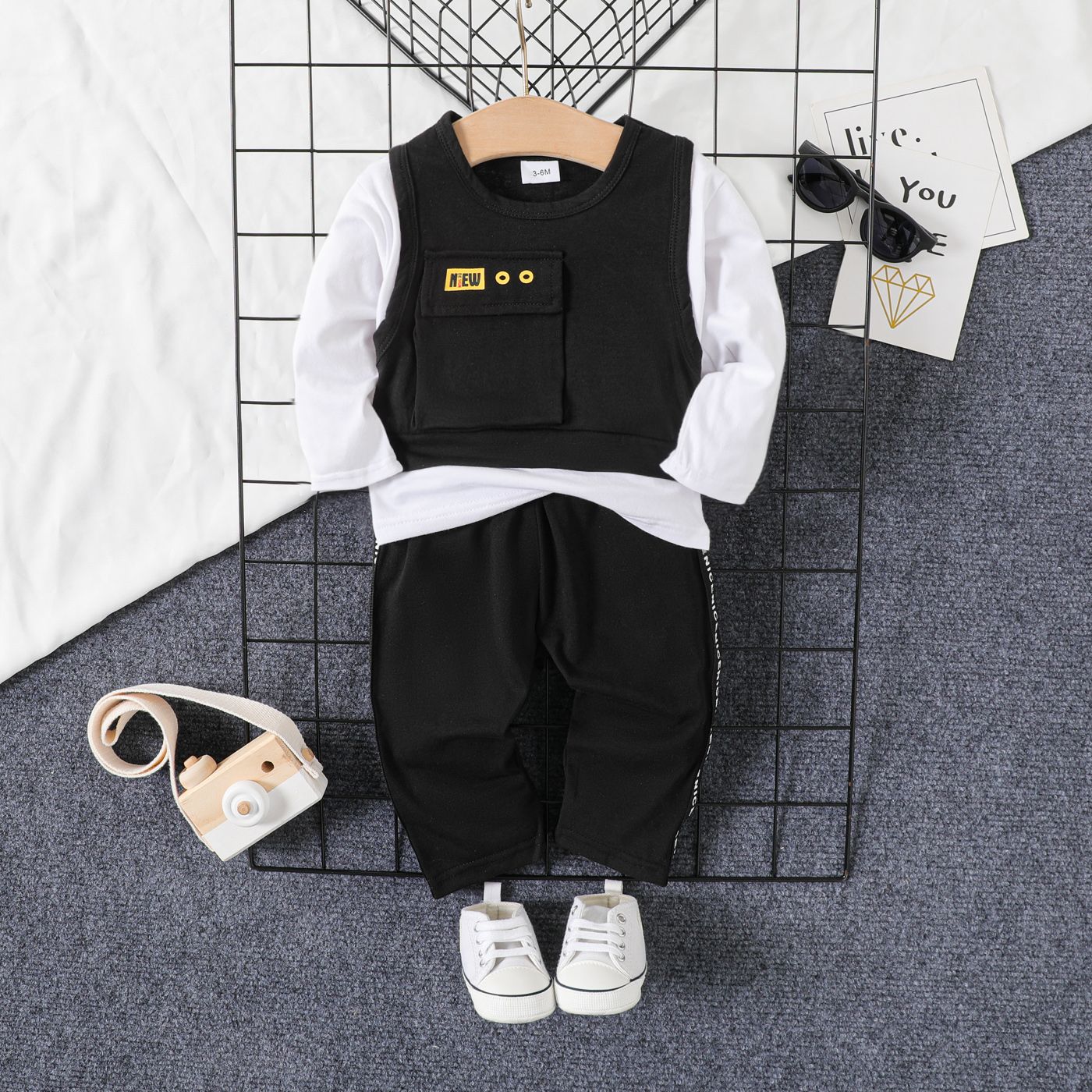 

100% Cotton 2pcs Baby Boy Long-sleeve Faux-two Tee and Letter Design Sweatpants Set