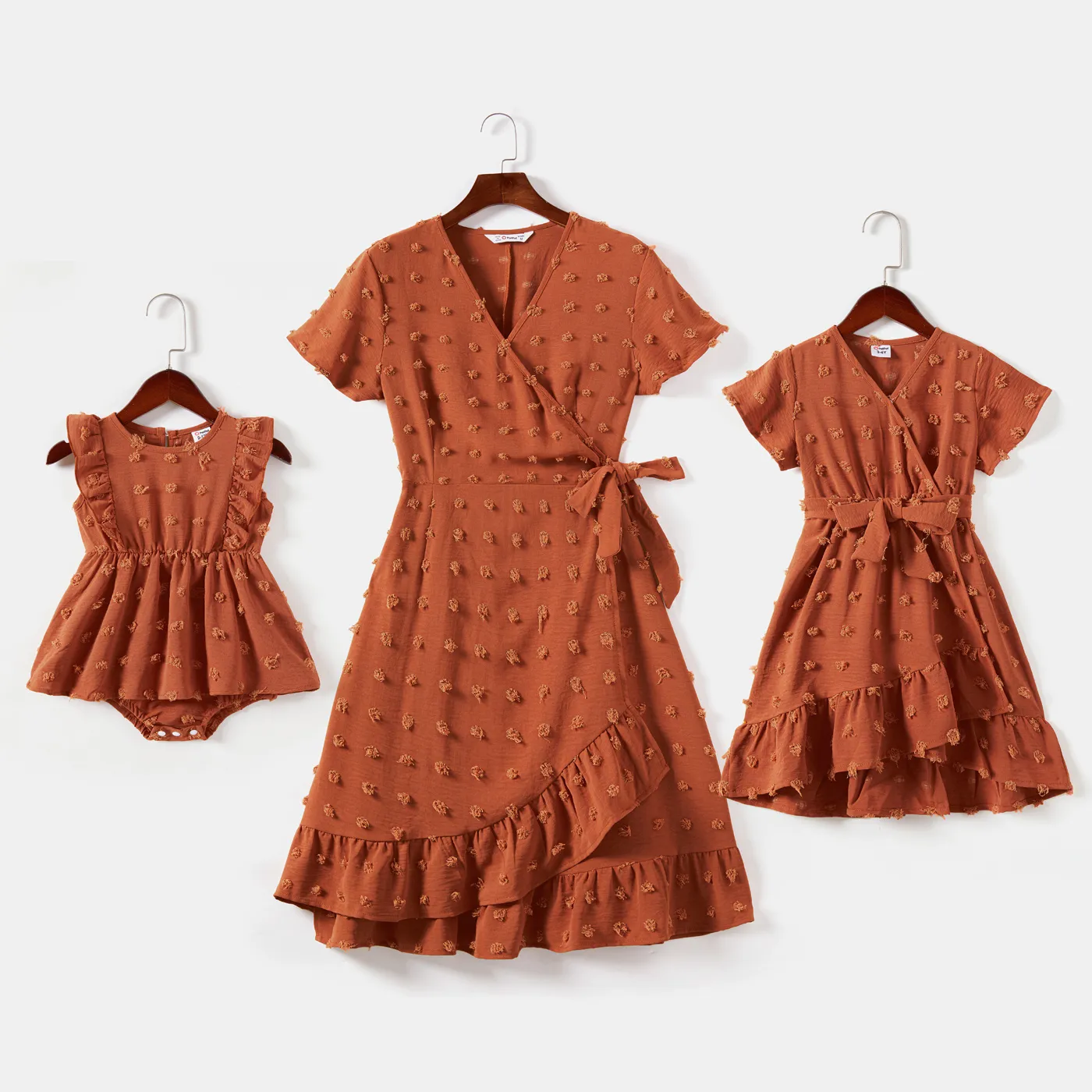Mommy and Me Solid Swiss Dot Surplice Neck Short-sleeve Ruffle Trim Dresses