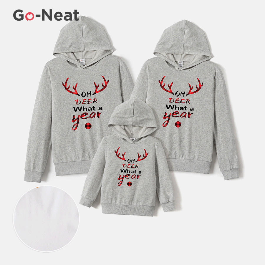 Go-Neat Water Repellent and Stain Resistant Christmas Family Matching Antler & Letter Print Grey Long-sleeve Hoodies