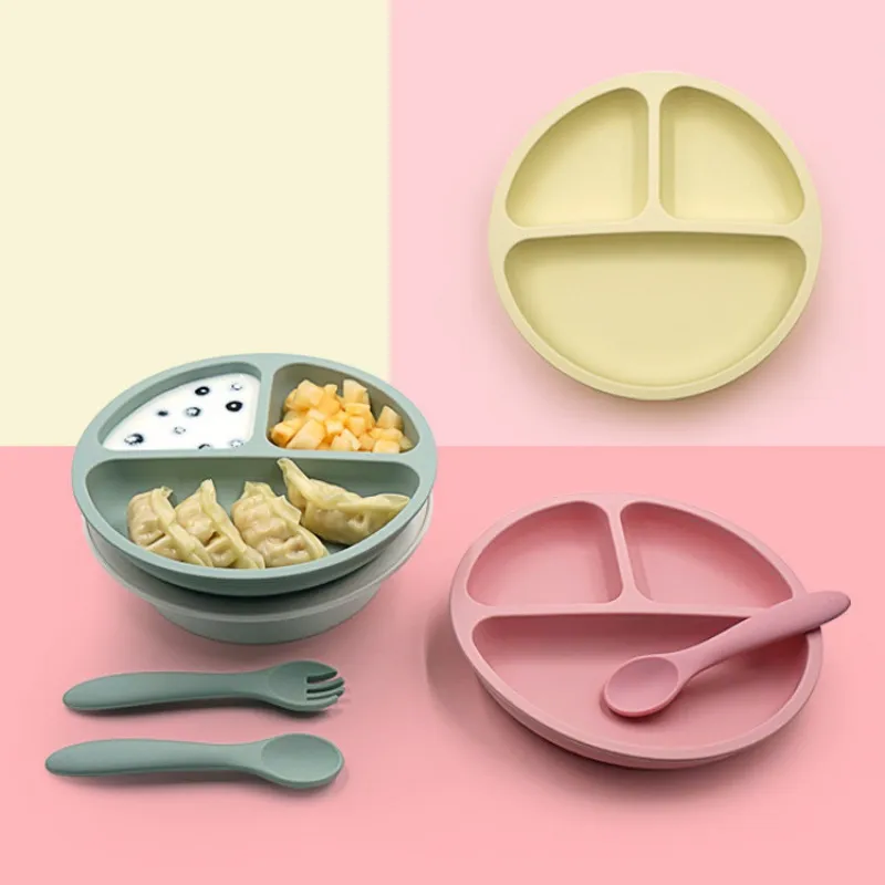 1Pc/2Pcs Baby Toddler Silicone Divided Plates Feeding Safe Kids Dishes Dinnerware Light Grey big image 1