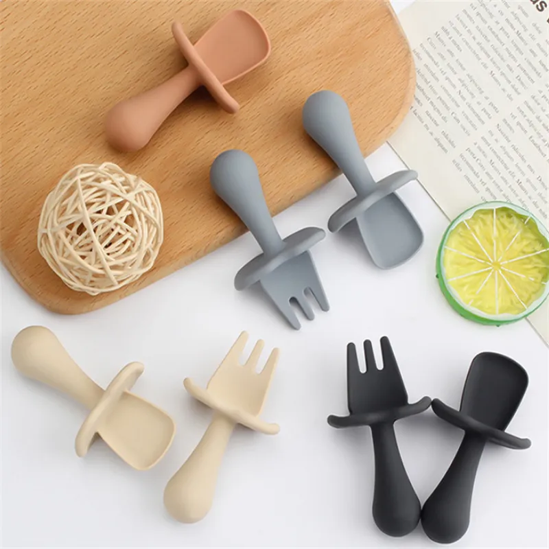 2Pcs Silicone Baby Feeding Set Includes Spoons & Forks Infant Newborn Utensil Set for Self-Training Beige big image 1