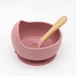 2 pçs tigela de sucção de silicone para bebê e colher com alça de madeira pratos de talheres para bebê criança conjunto de utensílios de auto-alimentação para auto-treinamento Rosa Escuro