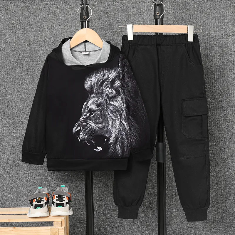 Trendy Kid Boy Tiger/Lion Animal Print Hooded Sweatshirt Black big image 1