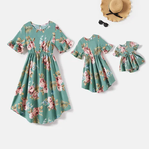 Mommy and Me Allover Floral Print Ruffle Half-sleeve Dresses