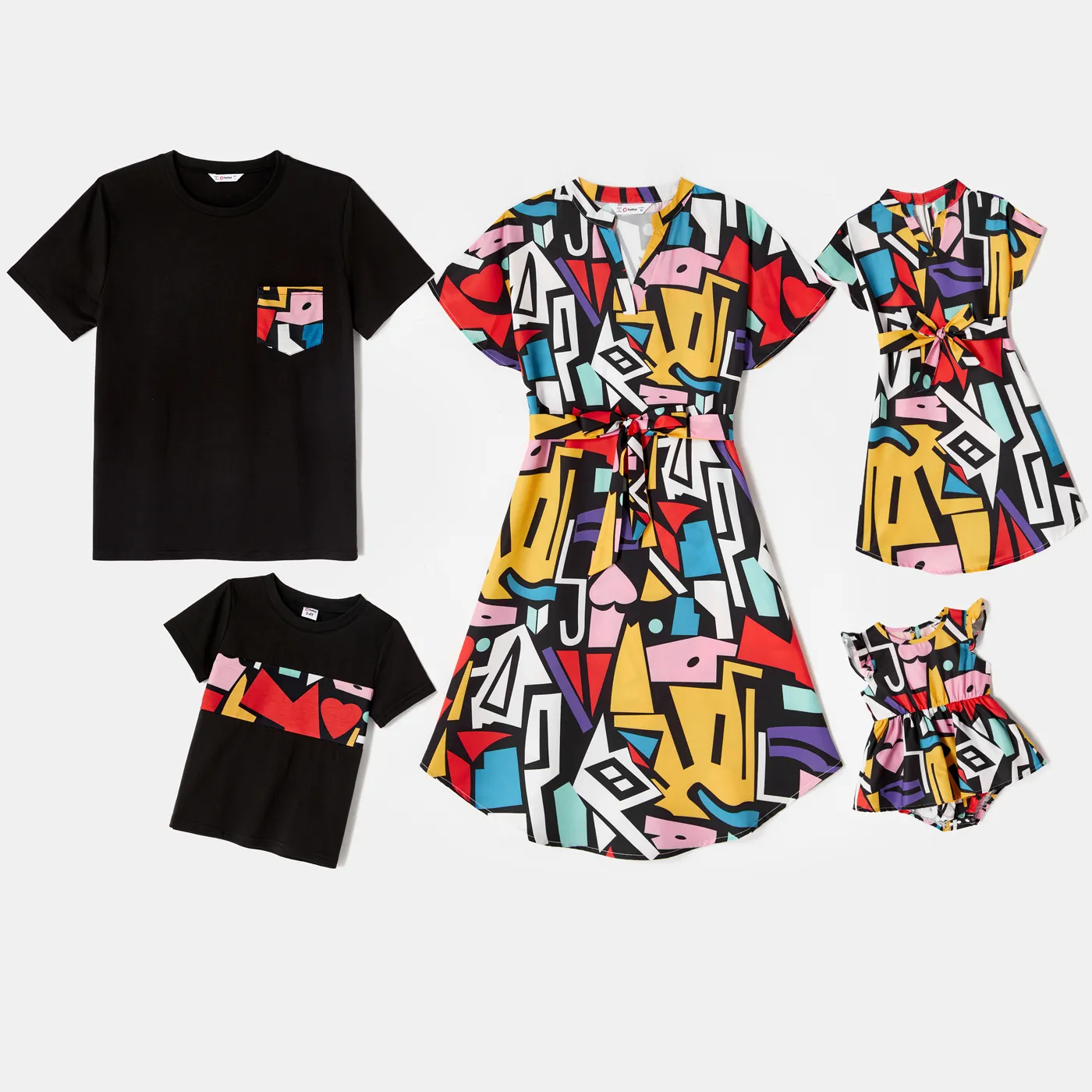 

Family Matching Colorful Geo Print Notch Neck Short-sleeve Belted Dresses and Black T-shirts Sets
