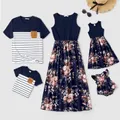 Family Matching Sleeveless Floral Print Spliced Midi Dresses and Short-sleeve Striped T-shirts Sets  image 2