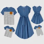 Family Matching Blue Cap-sleeve Belted Midi Dresses and Short-sleeve Striped Spliced T-shirts Sets  image 2