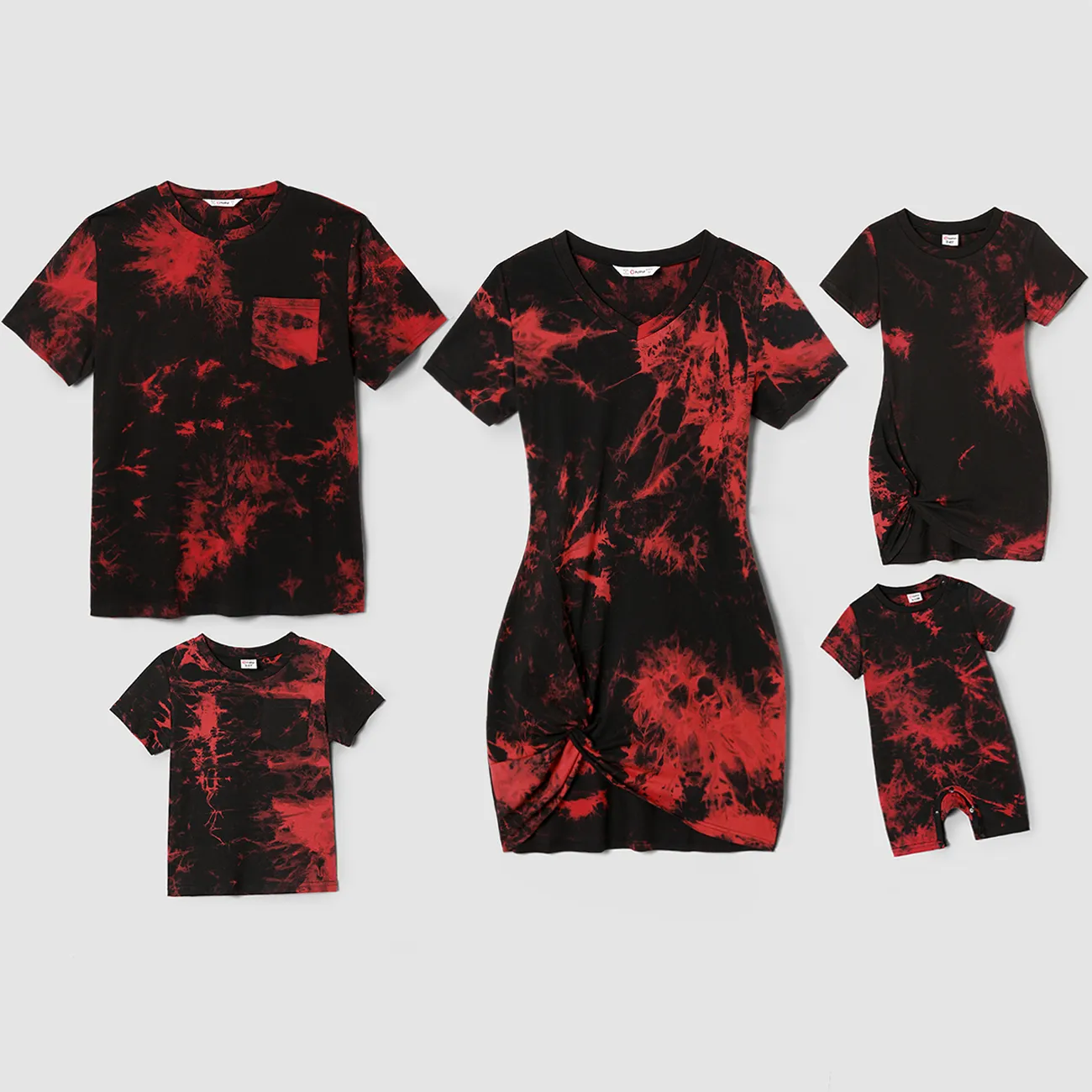 Family Matching 100% Cotton Short-sleeve Tie Dye Twist Knot Bodycon Dresses and T-shirts Sets redblack big image 1