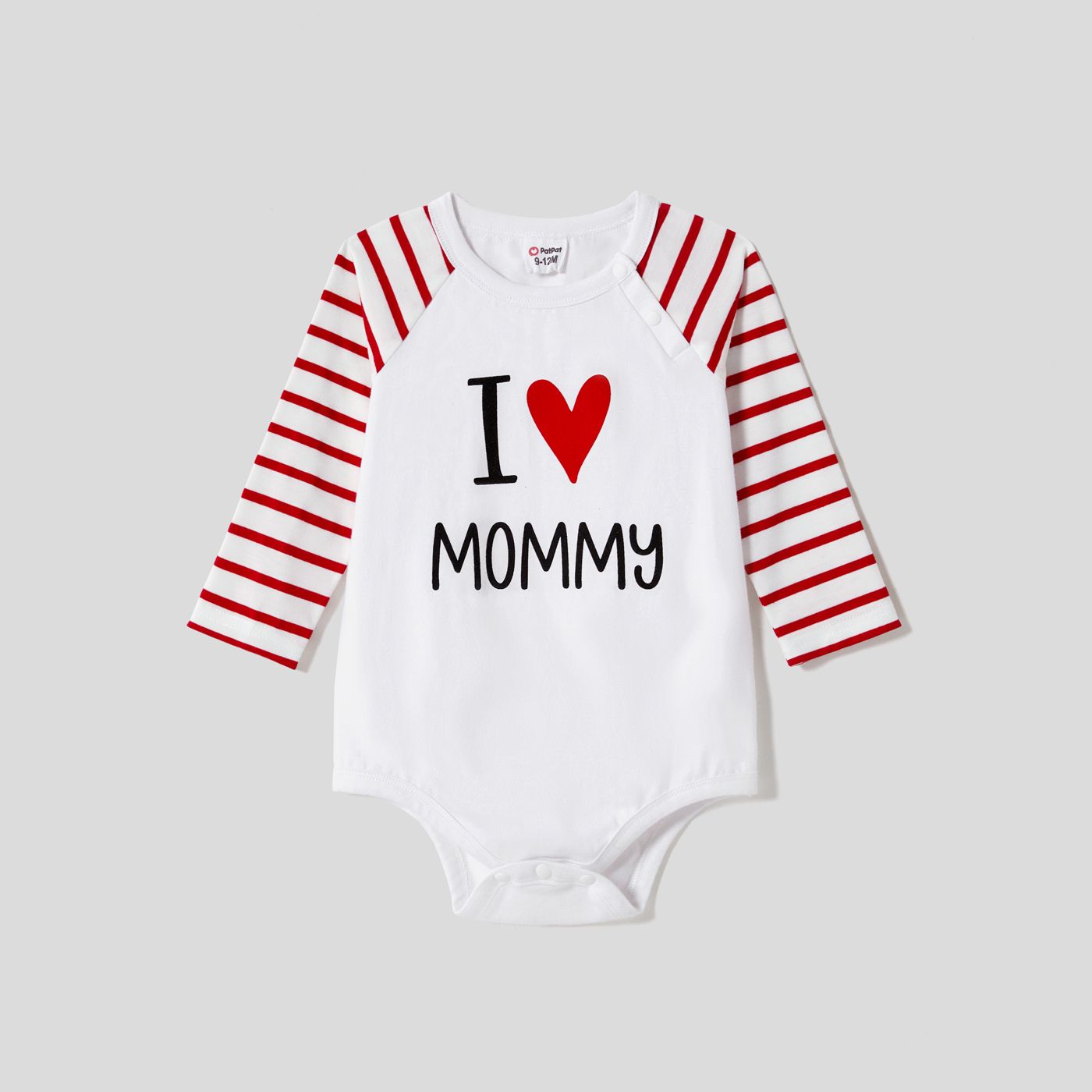 Mother's Day Family Matching 95% Cotton Letter Graphic Striped Raglan Sleeve T-shirts And Allover Red Heart Print Surplice Neck Ruffle-sleeve Belted N