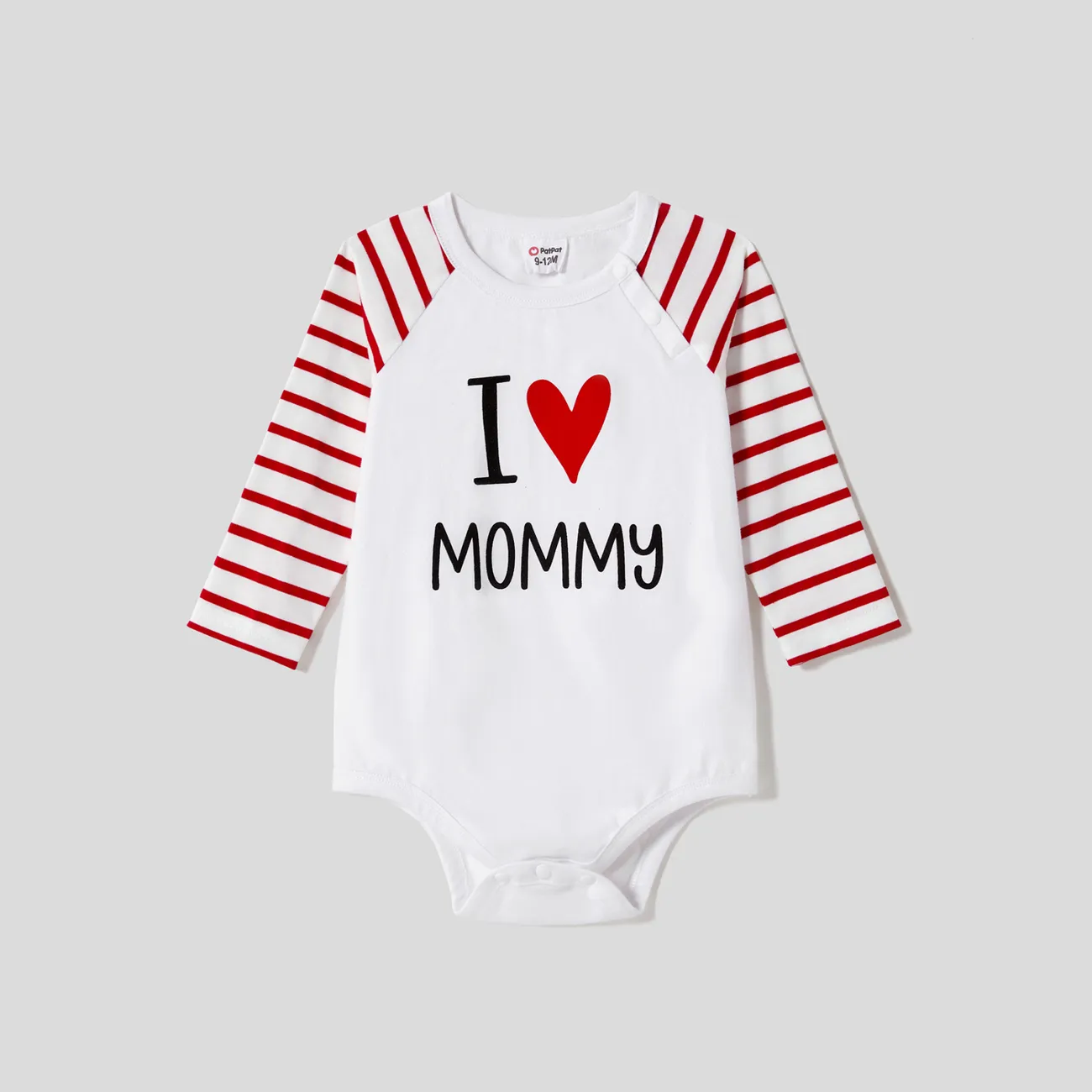 Mother's Day Family Matching 95% Cotton Letter Graphic Striped Raglan Sleeve T-shirts and Allover Red Heart Print Surplice Neck Ruffle-sleeve Belted Naia™ Dresses Sets REDWHITE big image 1