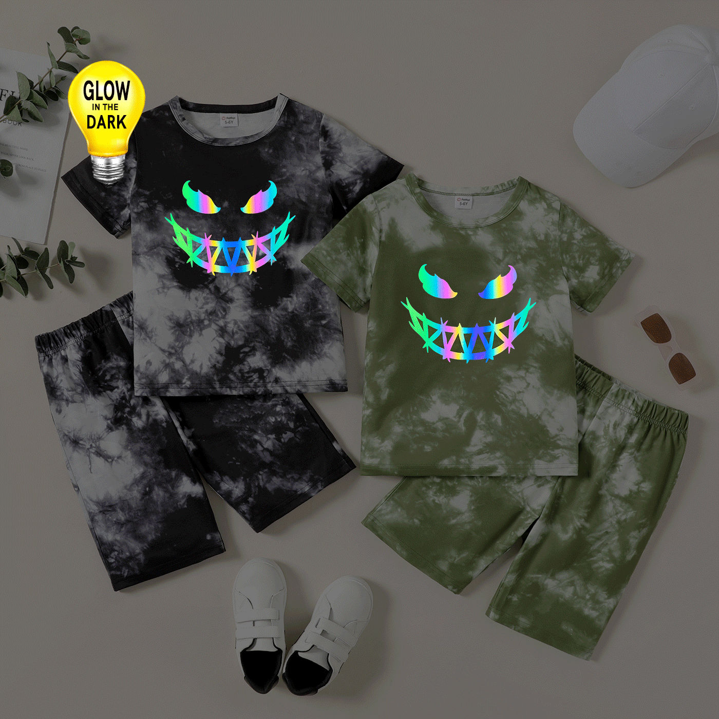 2pcs Kid Boy Tie Dyed Reflective Laser Short-sleeve Tee and Elasticized Shorts Set