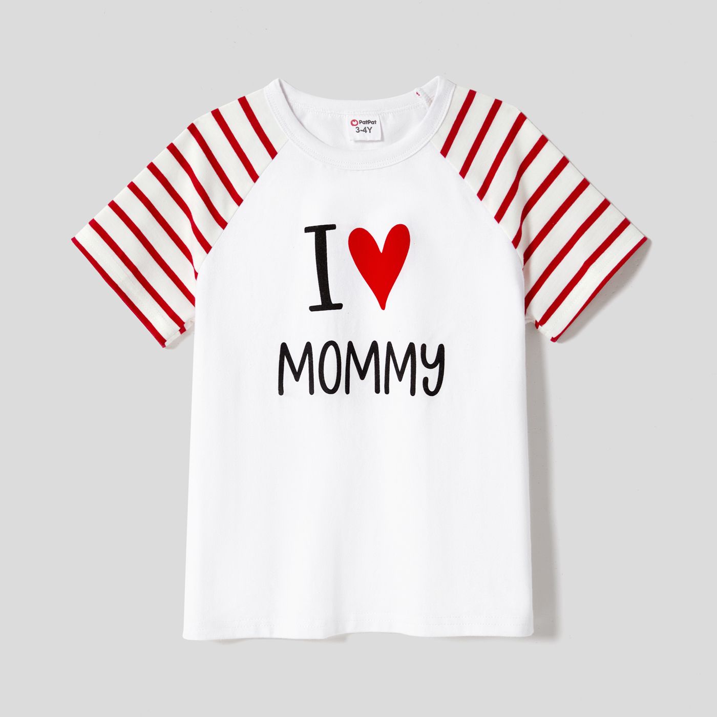 Mother's Day Family Matching 95% Cotton Letter Graphic Striped Raglan Sleeve T-shirts And Allover Red Heart Print Surplice Neck Ruffle-sleeve Belted N