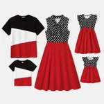 Family Matching Polka Dot Print Tie Neck Sleeveless Red Spliced Dresses and Short-sleeve Colorblock T-shirts Sets  image 2