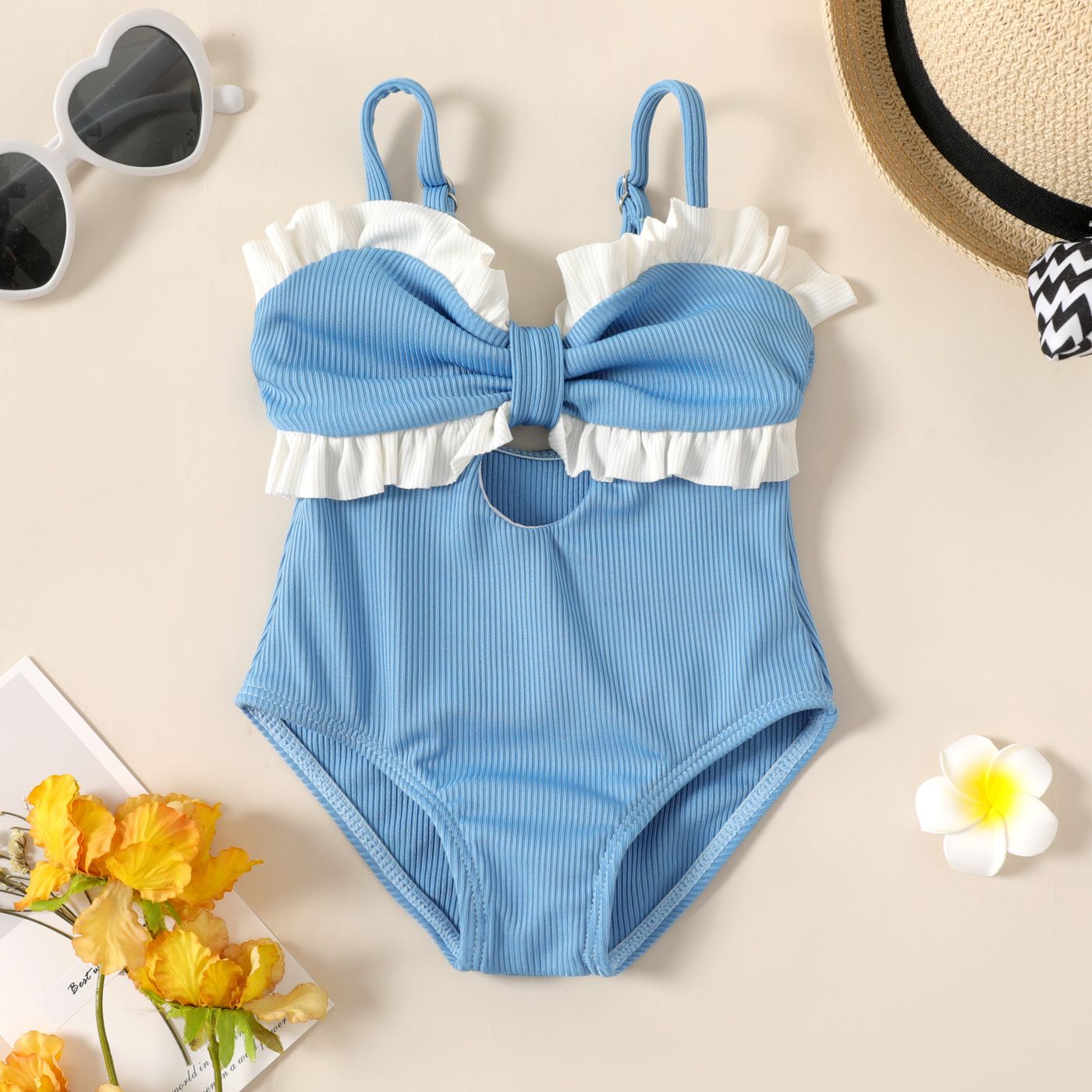 

Baby Girl Ruffle Trim Cut Out Ribbed One-Piece Swimsuit