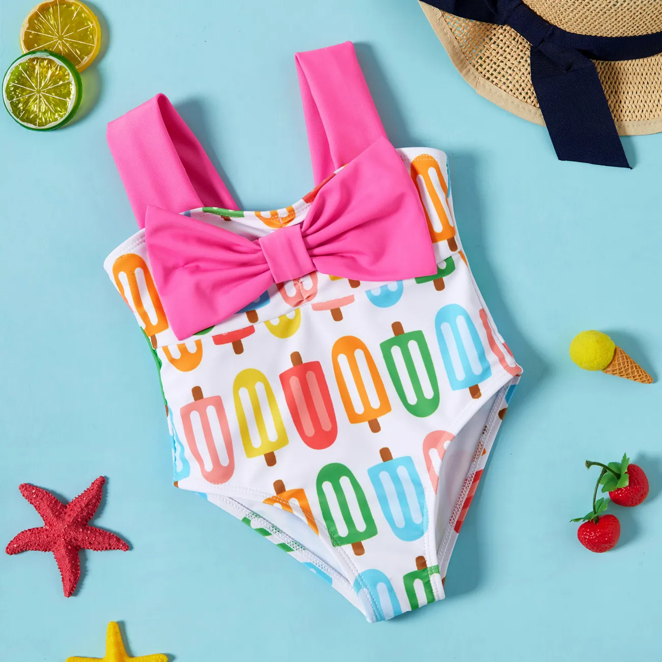 Baby Girl Allover Colorful Popsicle Print Bow Front One-piece Swimsuit Pink big image 1