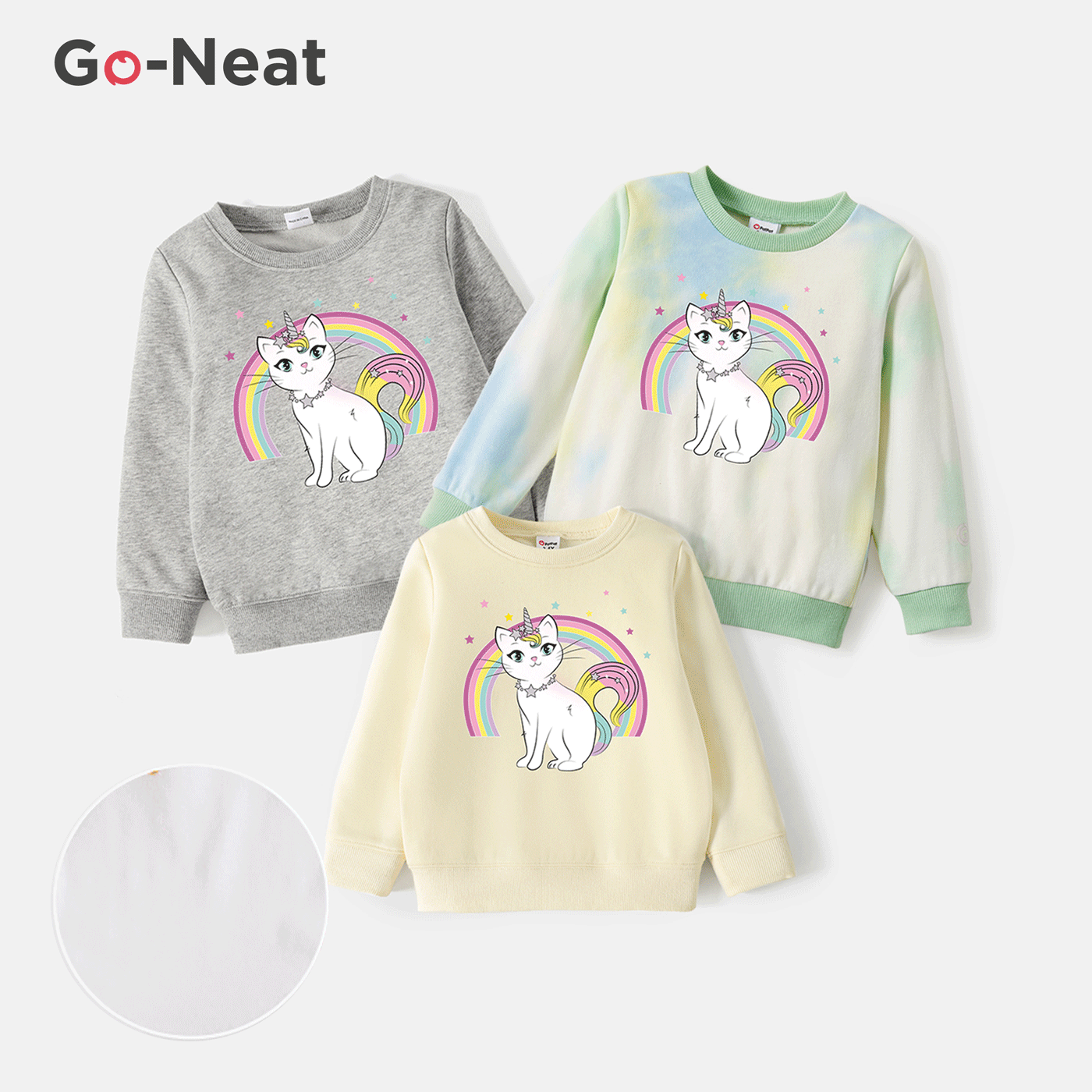Go-Neat Water Repellent and Stain Resistant Sibling Matching Rainbow & Cat Print Long-sleeve Sweatshirts