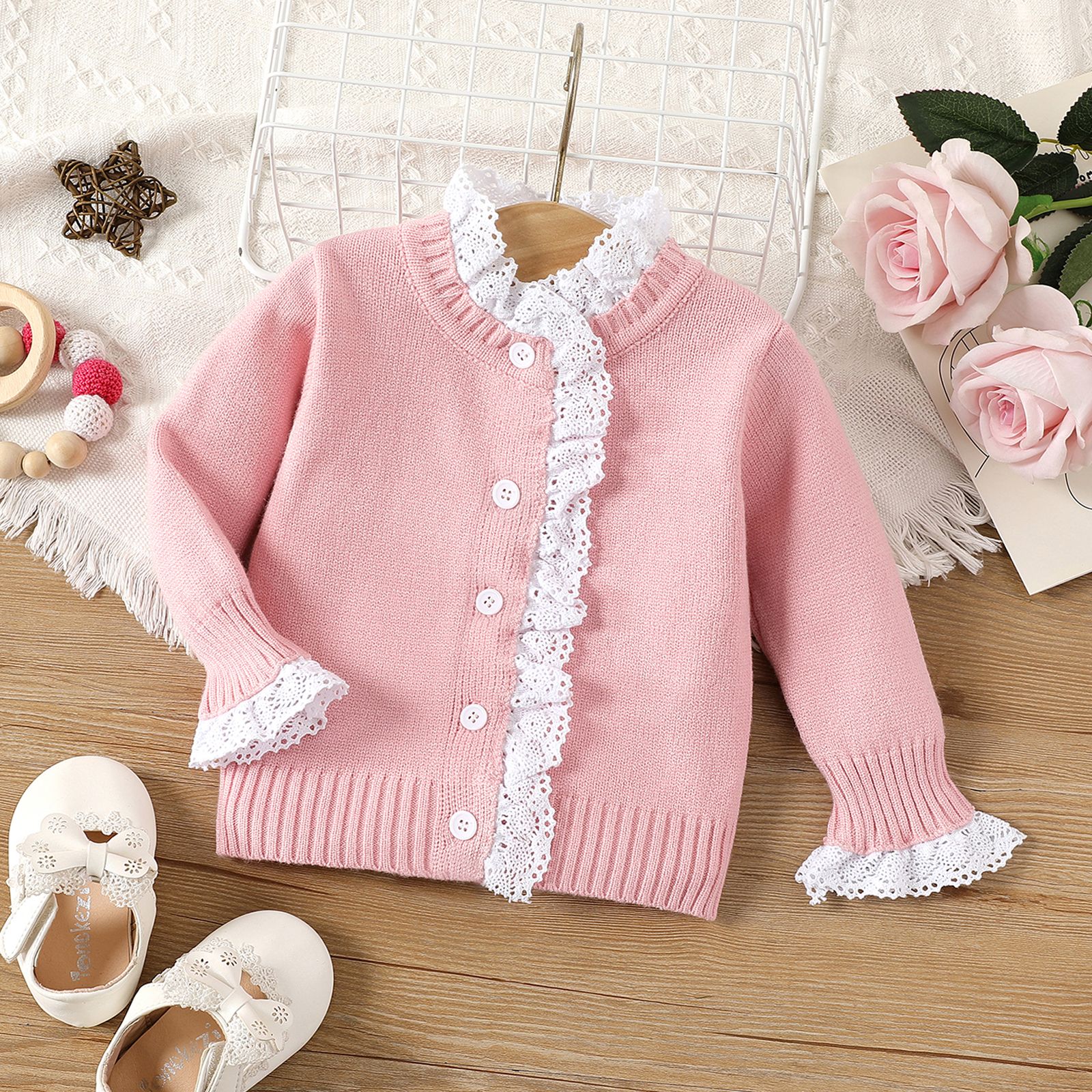 

Baby Girl Lace Trim Pink Knitted Long-sleeve Button Front Cardigan Sweater