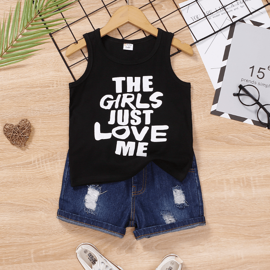 

2pcs Toddler Boy Trendy Ripped Denim Shorts and Letter Print Tank Top Set