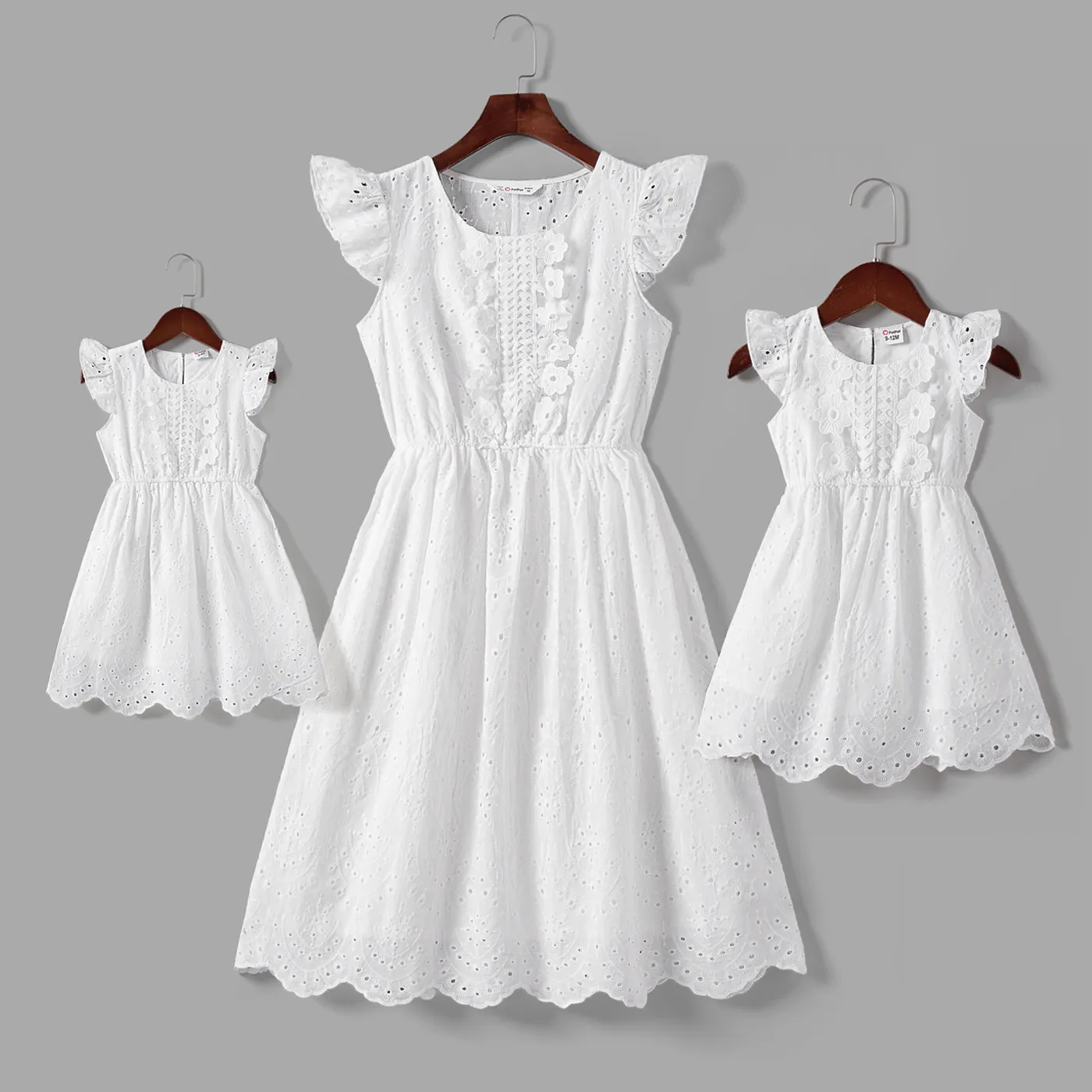 Mommy and Me White Eyelet Embroidered Flutter-sleeve Dresses