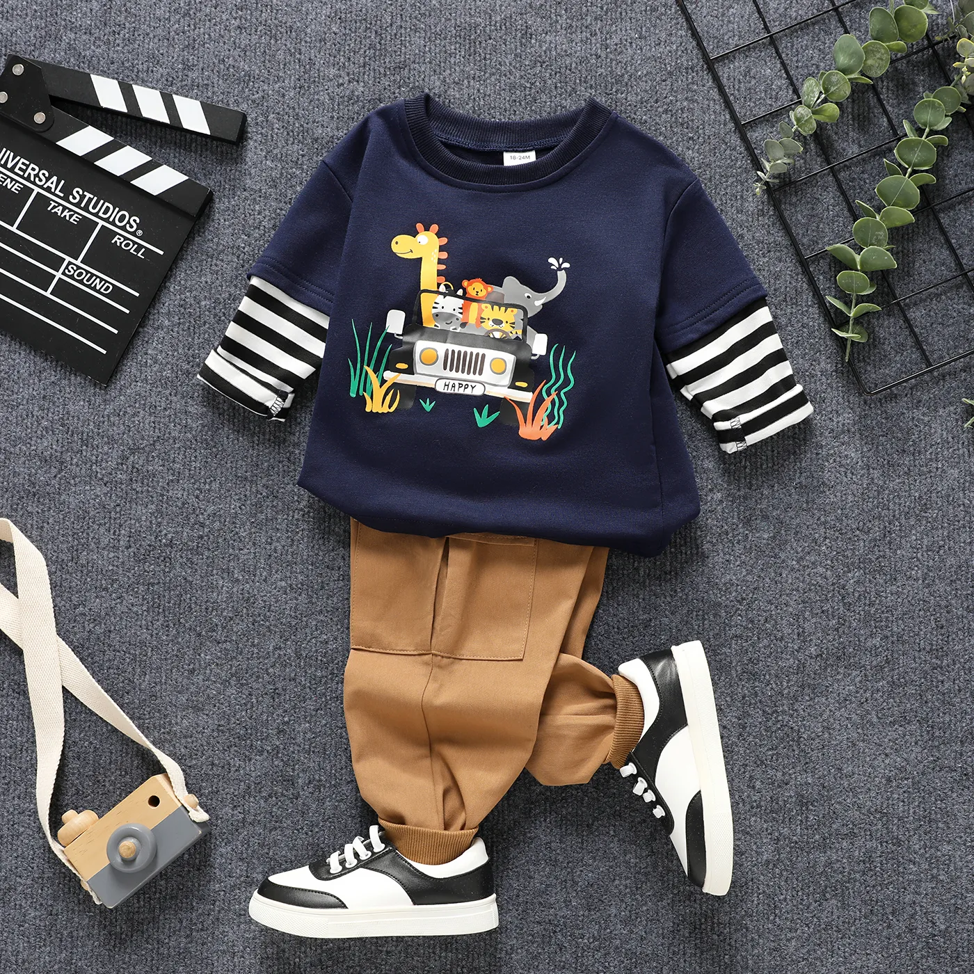 2pcs Baby Boy 100% Cotton Solid Flap Pocket Cargo Pants and Graphic Print Striped Long-sleeve Faux-t
