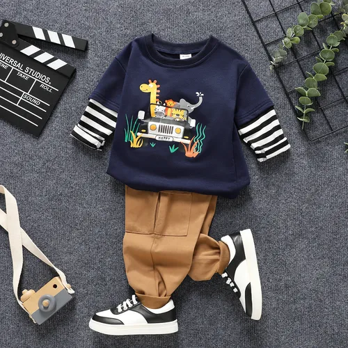 2pcs Baby Boy 100% Cotton Solid Flap Pocket Cargo Pants and Graphic Print Striped Long-sleeve Faux-two Tee Set