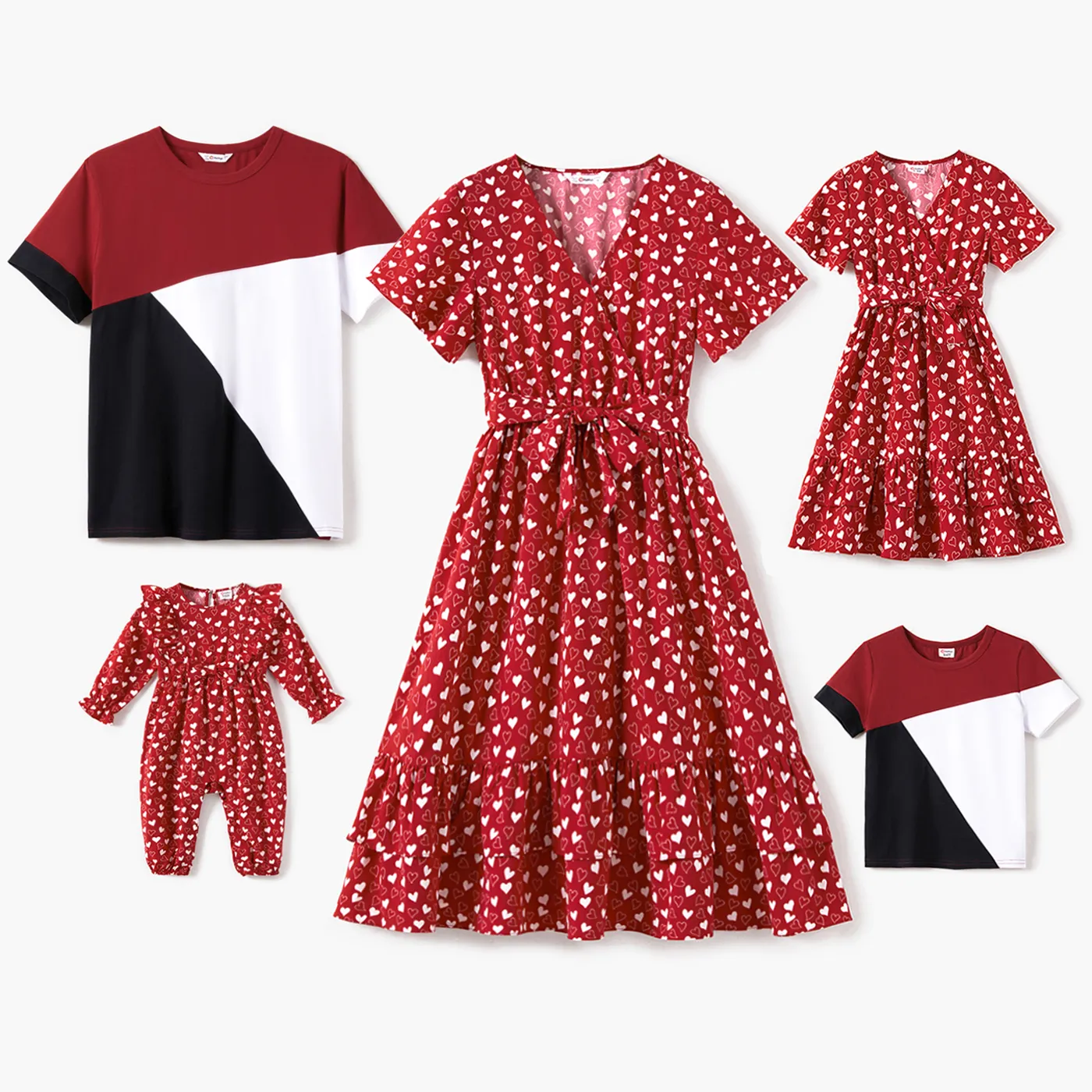

Family Matching 95% Cotton Colorblock T-shirts and Allover Heart Print Surplice Neck Short-sleeve Belted Layered Ruffle Hem Dresses Sets