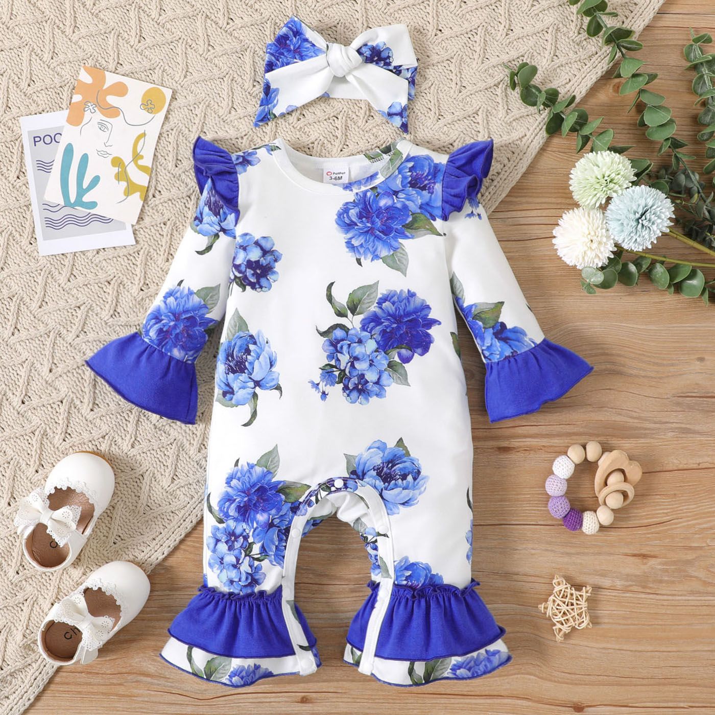 

2pcs Baby Girl Allover Floral Print Ruffle Trim Long-sleeve Jumpsuit with Headband Set
