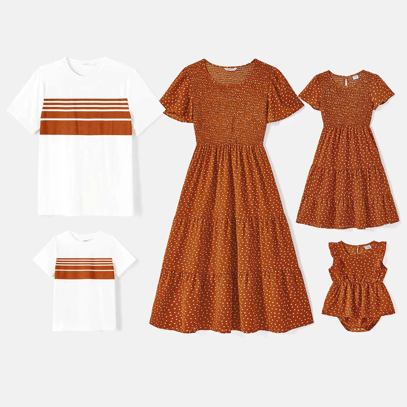 

Family Matching Allover Floral Print Ruffle-sleeve Shirred Tiered Dresses and Striped T-shirts Sets