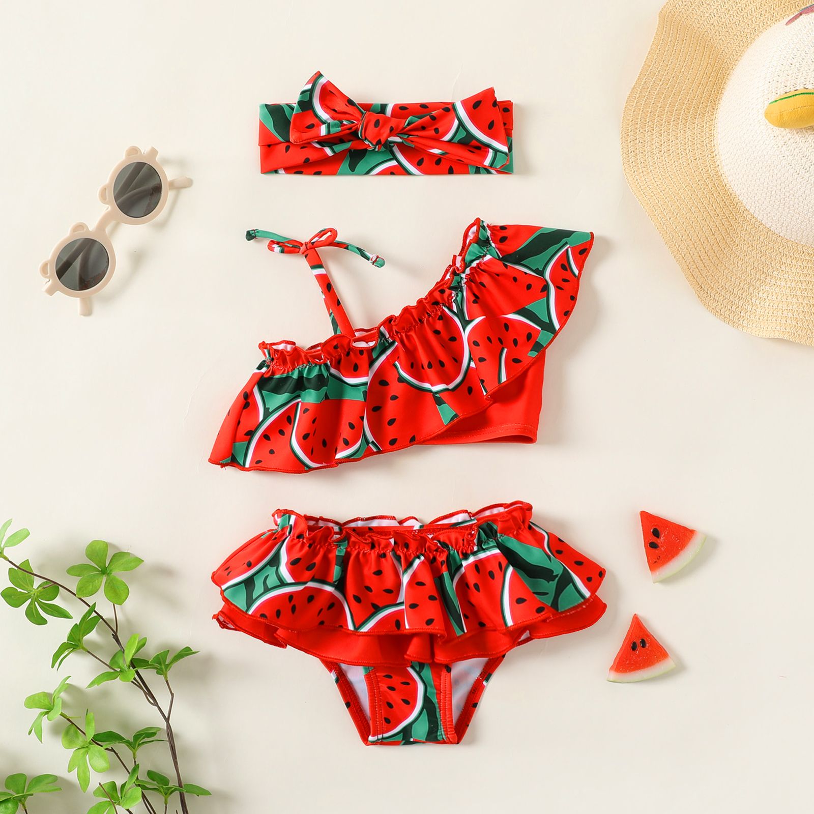 3pcs Baby Girl Watermelon Print Ruffle Trim Swimwear Set