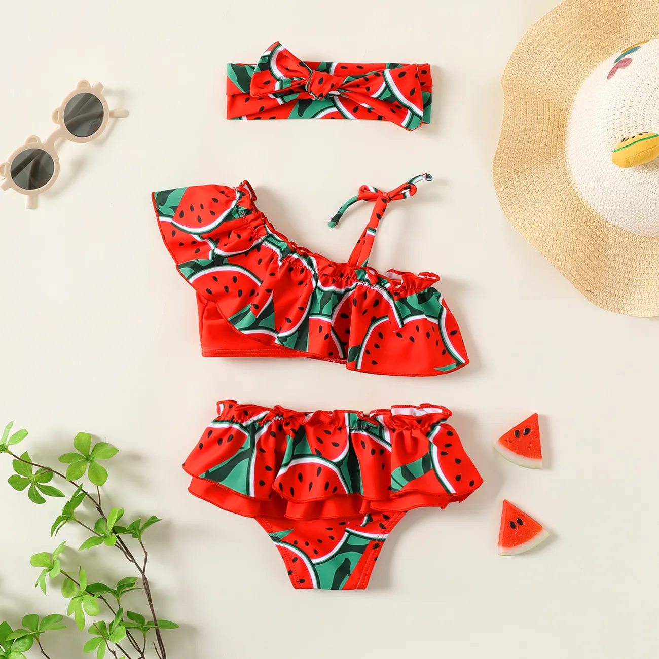 3pcs Baby Girl Watermelon Print Ruffle Trim Swimwear Set Red big image 1