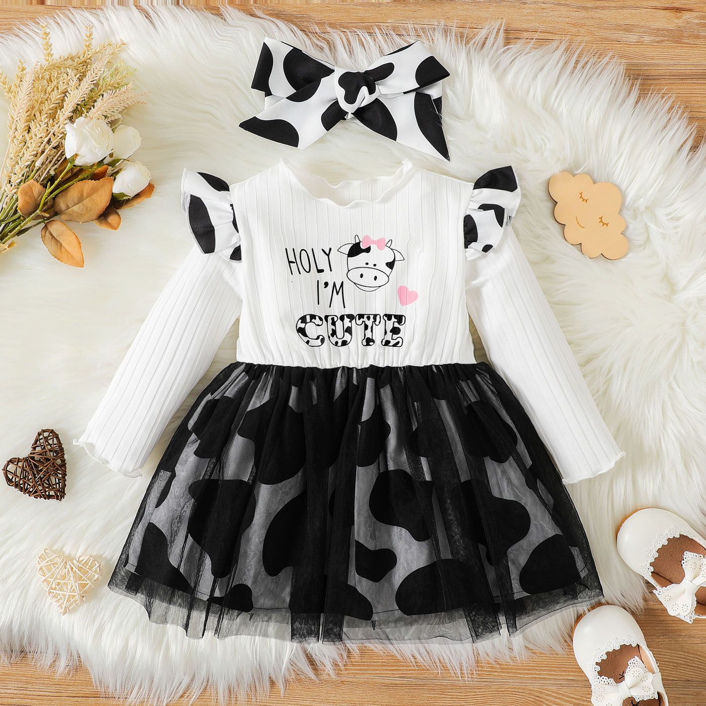 

2pcs Baby Girl Letter & Cow Print Ruffle Ribbed Long-sleeve Spliced Mesh Dress with Headband Set